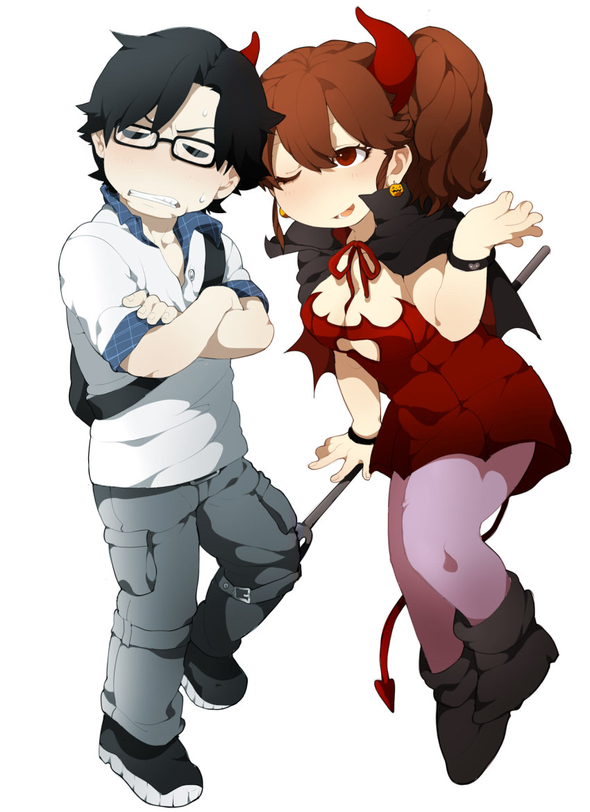 1boy, 1girl, black_hair, demon_girl, demon_tail, glasses, hen_zemi, highres, horns, ichikawa_hishiyasu, katou_anna, pantyhose, red_hair, reticulum, tail