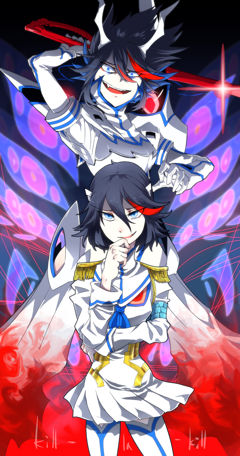 10s, 2girls, black_hair, blue_eyes, boots, dual_persona, fang, hand_on_own_chin