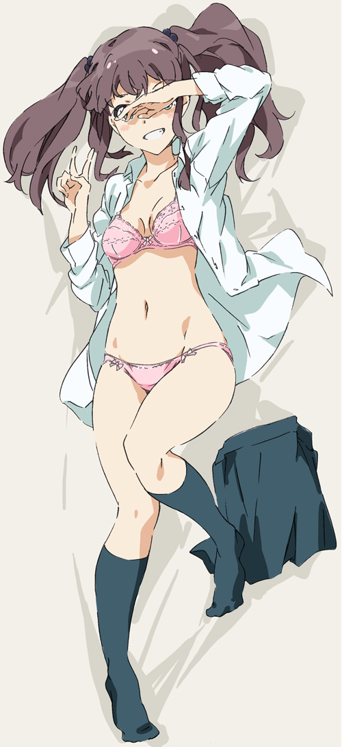 10s, 1girl, blue_socks, blush, bra, brown_hair, covering_own_eyes, dress_shirt, feet, female_focus, grin, kneehighs, long_hair, navel, no_shoes, okamoto_miyu, open_clothes, open_shirt, panties, pink_bra, pink_panties, school_uniform, shirt, skirt, smile, socks, solo, twintails, umanosuke, underwear, unworn_skirt, v, wake_up_girls!