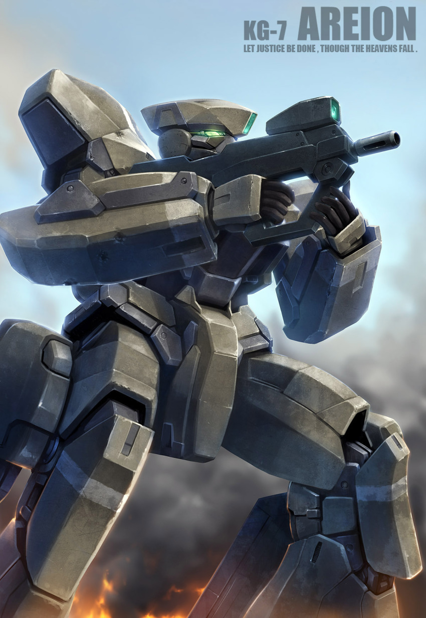 10s, aiming, aldnoah.zero, character_name, damaged, day, english_text, fire, gun, highres, kg-7_areion, machine_gun, mecha, mecha_focus, no_humans, realistic, robot, science_fiction, sky, smoke, solo, taedu, text_focus, weapon