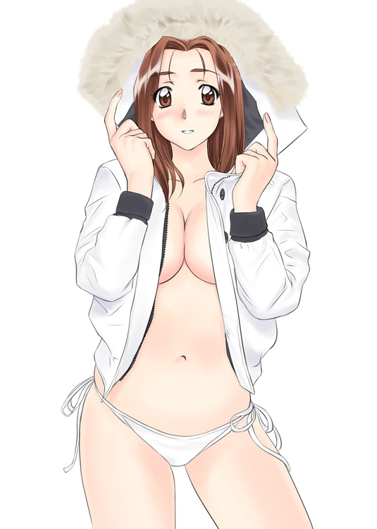 1990s_(style), 1girl, breasts, brown_eyes, brown_hair, cleavage, cowboy_shot, female_focus, hood, hosaka_miyuki, jacket, large_breasts, long_hair, looking_at_viewer, navel, open_clothes, open_jacket, panties, polorinken, retro_artstyle, sentimental_graffiti, side-tie_panties, smile, solo, thighs, underwear, white_background