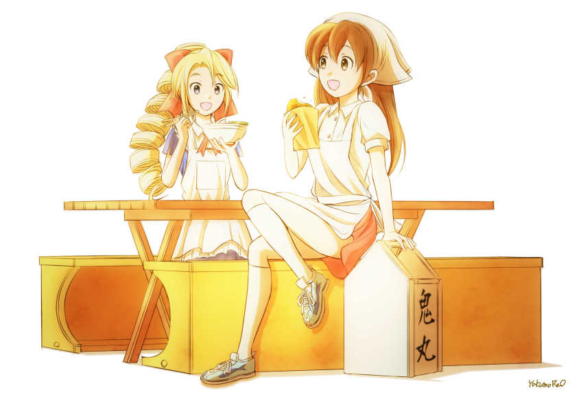 00s, 2girls, absurdres, apron, black_eyes, blonde_hair, bow, bowl