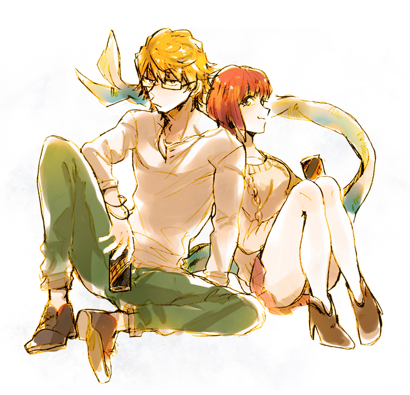 10s, 1boy, 1girl, brown_hair, can, chippu_(chippus), glasses, kagune_(tokyo_ghoul)