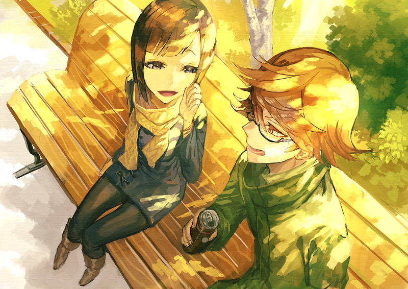 10s, 1boy, 1girl, 369minmin, bad_id, bad_pixiv_id, black_pantyhose, brown_hair