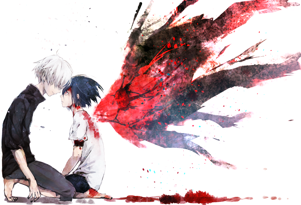 10s, 1boy, 1girl, black_hair, blood, blood_on_clothes, blue_hair, closed_eyes, face-to-face, forehead-to-forehead, hair_over_one_eye, heads_together, kagune_(tokyo_ghoul), kaneki_ken, kirishima_touka, kneeling, looking_at_another, monster_girl, red_eyes, school_uniform, short_hair, single_wing, skirt, spoilers, syokumura, tokyo_ghoul, turtleneck, white_hair, wings