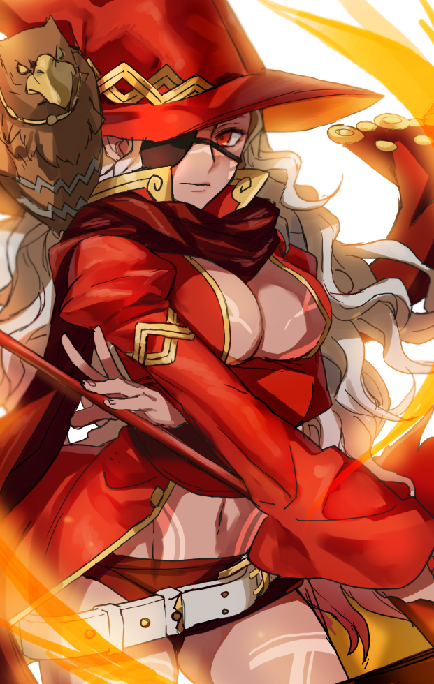 1girl, animal, animal_on_shoulder, belt, bird, bird_on_shoulder, bodypaint, breasts, cleavage, coat, cowboy_shot, dark-skinned_female, dark_skin, eagle, eyepatch, facial_mark, female_focus, fire, gender_request, genderswap, groin, hat, large_breasts, long_hair, long_sleeves, meer_rowe, navel, odin_(p&amp;d), puffy_long_sleeves, puffy_sleeves, puzzle_&amp;_dragons, red_eyes, short_shorts, shorts, silver_hair, solo, staff, wavy_hair