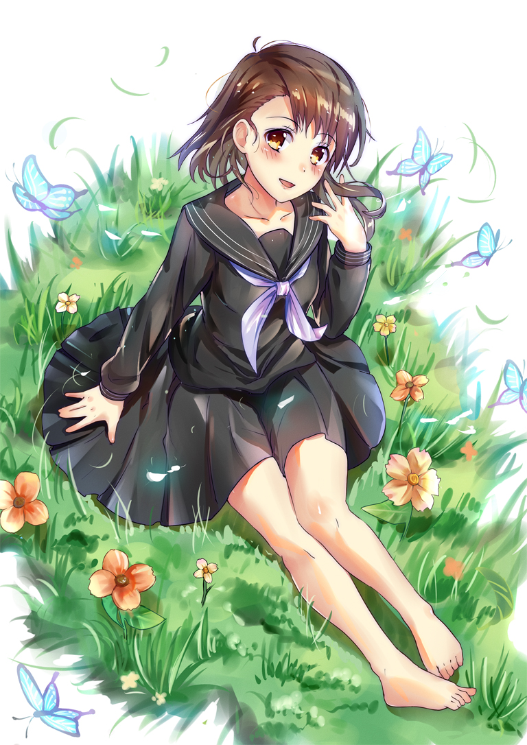 10s, 1girl, :d, bare_legs, barefoot, brown_eyes, brown_hair, bug