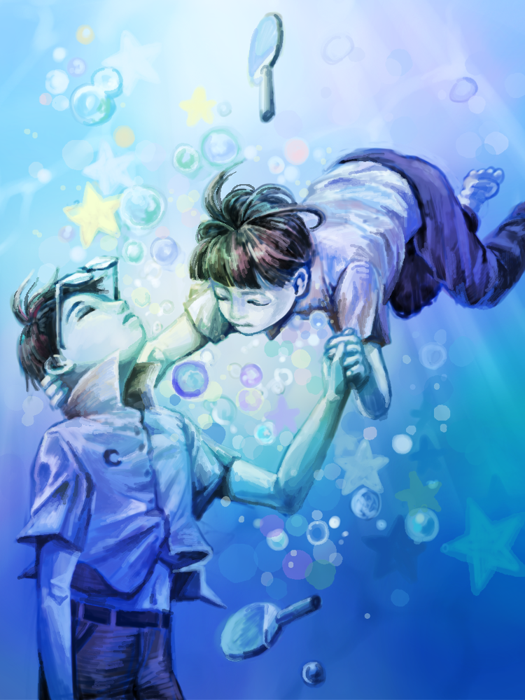2boys, air_bubble, asphyxiation, ball, barefoot, belt, black_hair, blue_background