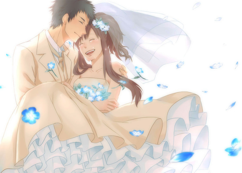 1boy, 1girl, ataharu, black_hair, bridal_veil, brown_hair, carrying, couple