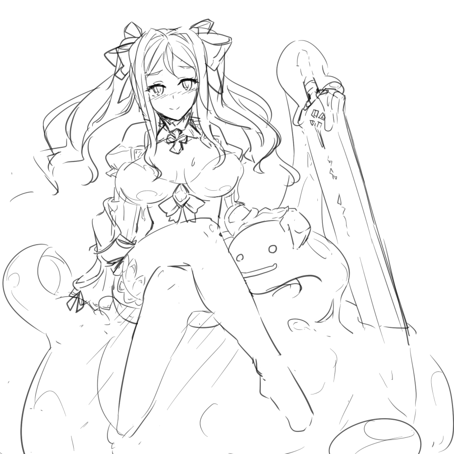 1girl, crossed_legs, female_focus, long_hair, monochrome, monster_girl, monster_girl_encyclopedia, monster_girl_encyclopedia_ii, parasite, parasite_slime, simple_background, slime, smile, sword, syannhai-doll, twintails, weapon, white_background