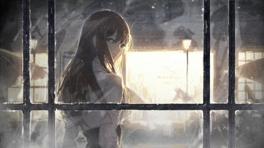 1girl, about_me_(vocaloid), brown_eyes, brown_hair, commentary, female_focus, from_behind, indie_utaite, lamppost, long_hair, looking_at_viewer, looking_back, mes_(utaite), original, rella, solo, vocaloid, window