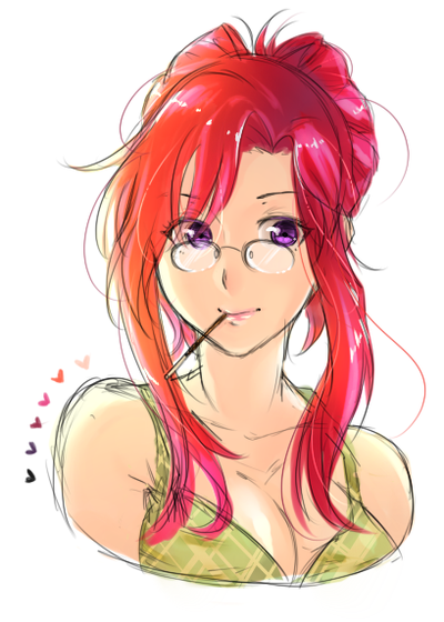 00s, 1girl, breasts, cleavage, female_focus, food, food_in_mouth, glasses