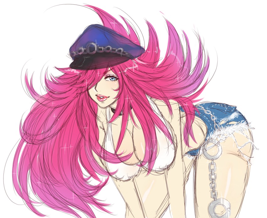 1girl, bent_over, big_hair, blue_eyes, blue_shorts, breasts, choker, cleavage, cutoffs, denim, denim_shorts, downblouse, female_focus, final_fight, hair_over_one_eye, hat, large_breasts, lips, lipstick, long_hair, makeup, peaked_cap, pink_hair, poison_(final_fight), shorts, sketch, solo, steffydoodles, tank_top