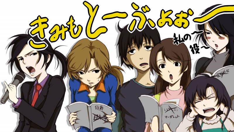 00s, 1boy, 5girls, black_hair, brown_hair, covering_own_ears, closed_eyes, formal_clothes