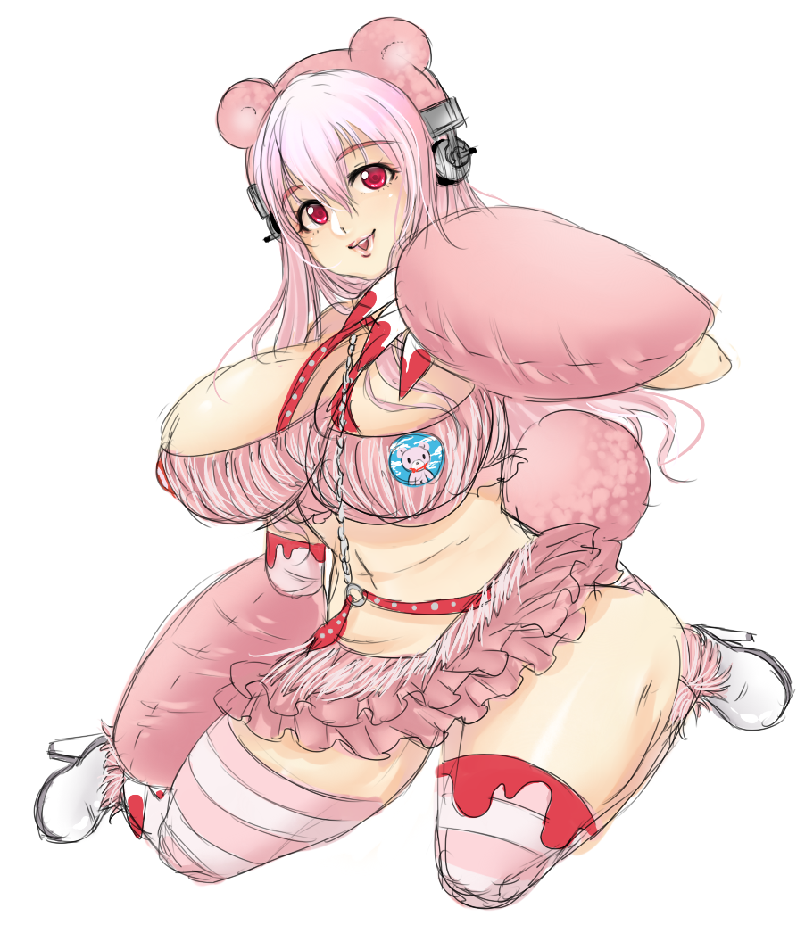 1girl, alternate_costume, animal_ears, animal_hands, bad_id, bad_tumblr_id, bear_ears, blood, blood_splatter, breasts, cleavage, fake_animal_ears, female_focus, gloomy_bear, gloves, grg_x_super_sonico, headphones, huge_breasts, kneeling, lips, long_hair, nitroplus, paw_gloves, red_eyes, sketch, solo, steffydoodles, striped_clothes, striped_thighhighs, super_sonico, thighhighs