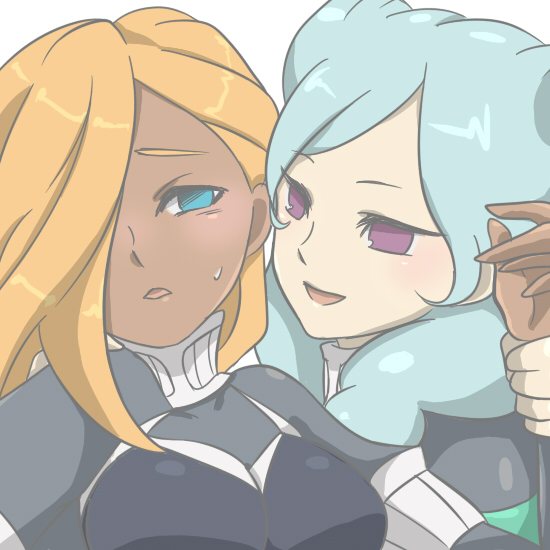 2girls, aqua_hair, armband, beta_(inazuma_eleven), blonde_hair, blue_eyes, breasts, chino_(kapuriko1023), dark-skinned_female, dark_skin, hair_over_one_eye, holding_another's_wrist, inazuma_eleven_(series), inazuma_eleven_go, inazuma_eleven_go_chrono_stone, long_hair, multiple_girls, parted_lips, protocol_omega, purple_eyes, reiza, simple_background, sweat, upper_body, white_background