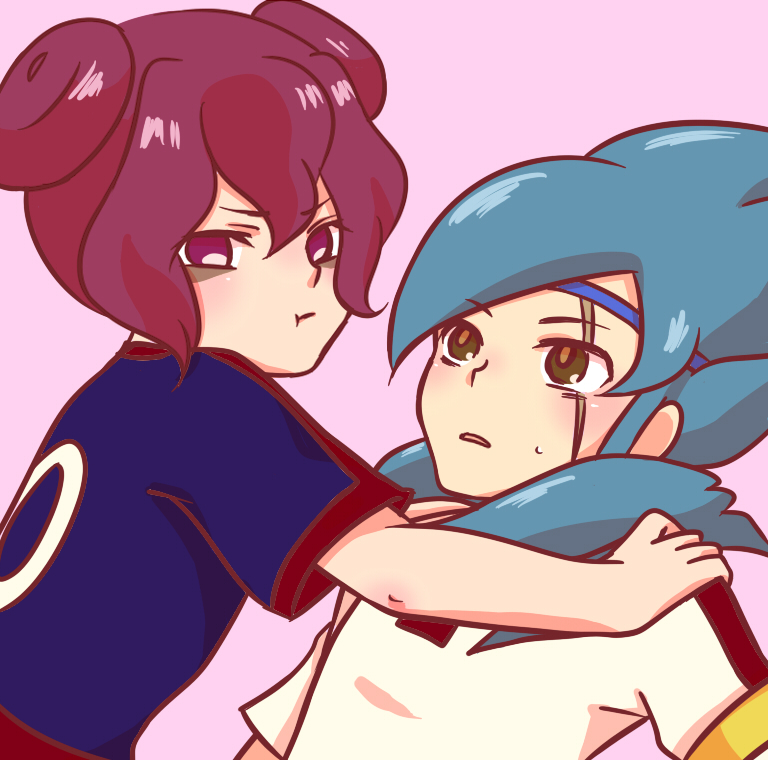 2boys, armband, blue_hair, blush, chino_(kapuriko1023), donut_hair_bun, hair_bun, headband