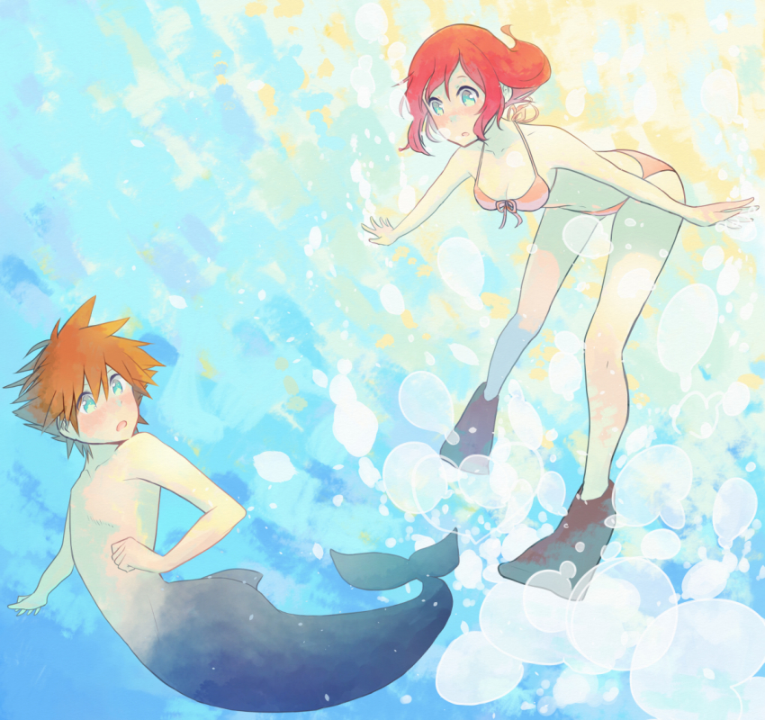 1boy, 1girl, bikini, breasts, cleavage, jyaco7777, kairi_(kingdom_hearts), kingdom_hearts, merfolk, merman, monster_boy, red_hair, short_hair, sora_(kingdom_hearts), spiked_hair, swimsuit, underwater