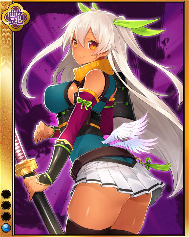 1girl, armor, black_thighhighs, dark-skinned_female, dark_skin, detached_collar, faulds, female_focus, hair_between_eyes, inayama, jpeg_artifacts, katana, long_hair, looking_at_viewer, low_wings, miniskirt, nanbu_nobunao_(sengoku_bushouki_muramasa), official_art, orange_eyes, pleated_skirt, sengoku_bushouki_muramasa, skirt, smile, solo, sword, thighhighs, two_side_up, very_long_hair, weapon, white_hair, wings, zettai_ryouiki