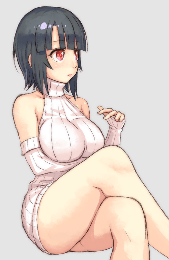 10s, 1girl, bare_shoulders, black_hair, blunt_bangs, breasts, cosplay, crossed_legs
