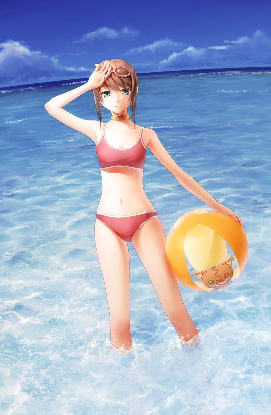 00s, 1girl, bad_id, bad_pixiv_id, ball, beachball, bikini, brown_hair