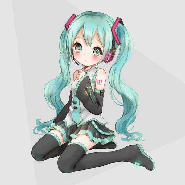 1girl, aqua_eyes, aqua_hair, bad_id, bad_pixiv_id, black_skirt, black_thighhighs, blush
