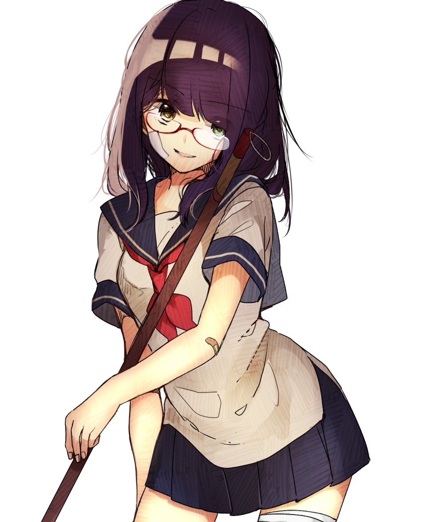 1girl, bad_id, bad_pixiv_id, bandaid, blue_skirt, female_focus, fingernails, glasses