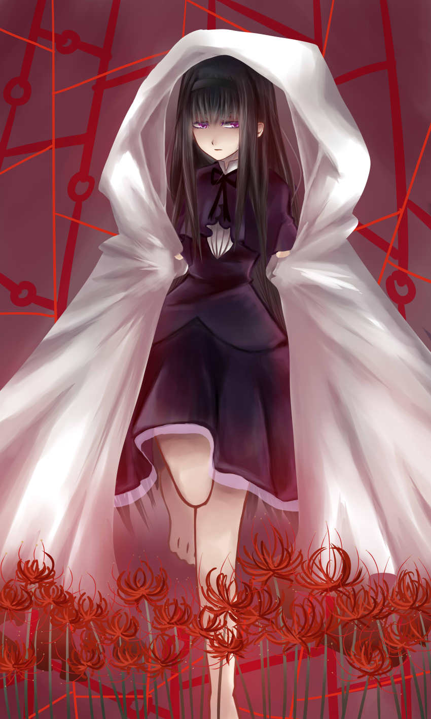 10s, 1girl, absurdres, akemi_homura, akemi_homura_(black_dress), bad_id, bad_pixiv_id, barefoot, black_hair, blanket, dress, female_focus, flower, funeral_dress, hairband, highres, long_hair, looking_to_the_side, mahou_shoujo_madoka_magica, mahou_shoujo_madoka_magica:_hangyaku_no_monogatari, namazu_(yitingyiduyibei), purple_eyes, red_flower, solo, spider_lily, spoilers