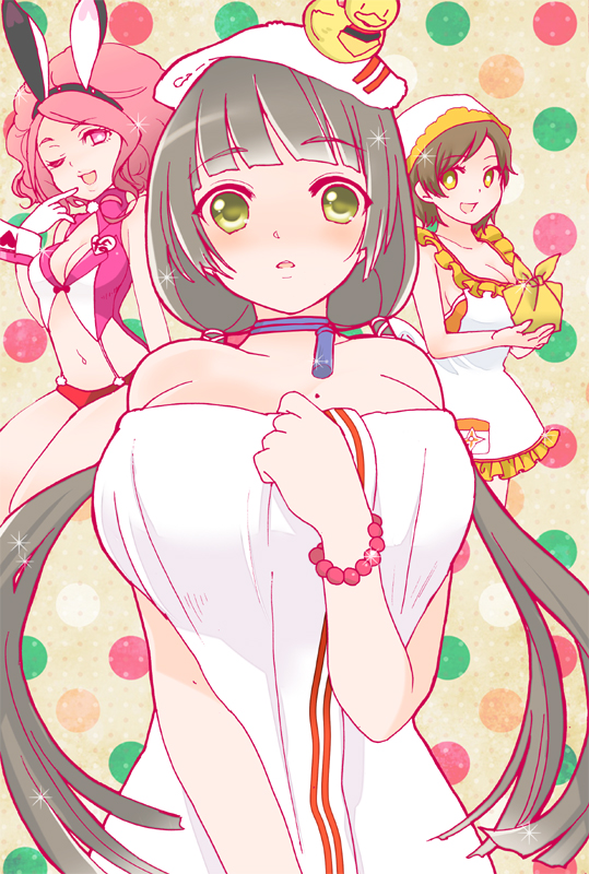 3girls, afro, animal_ears, bracelet, breasts, choker, cleavage, fake_animal_ears, hairband, ii_naotora_(sengoku_musou), jewelry, koshosho_(sengoku_musou), large_breasts, long_hair, looking_at_viewer, multiple_girls, naked_towel, nene_(sengoku_musou), one_eye_closed, open_mouth, rabbit_ears, sengoku_musou, towel, twintails, yukinabe_(pixiv944737)