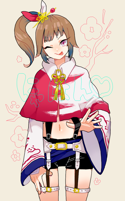 1girl, ;p, brown_hair, female_focus, kunoichi_(sengoku_musou), midriff, navel, ninja