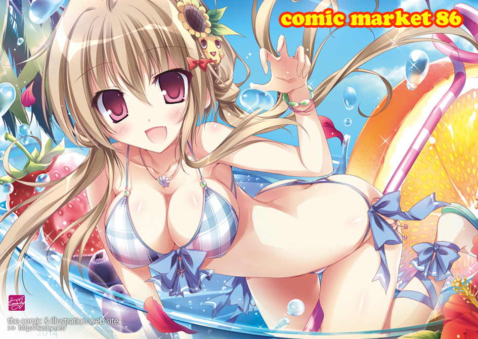 1girl, :d, ass, bikini, blue_bikini, breasts, brown_hair, butt_crack, claw_pose, cleavage, drinking_straw, fang, female_focus, flower, food, fruit, funasshii, hair_flower, hair_ornament, halterneck, hibiscus, in_container, in_food, jewelry, karory, large_breasts, long_hair, mini_person, minigirl, necklace, open_mouth, orange_(fruit), original, panties, plaid_bikini, plaid_clothes, purple_eyes, side-tie_panties, sidelocks, smile, solo, strawberry, sunflower, swimsuit, underwear