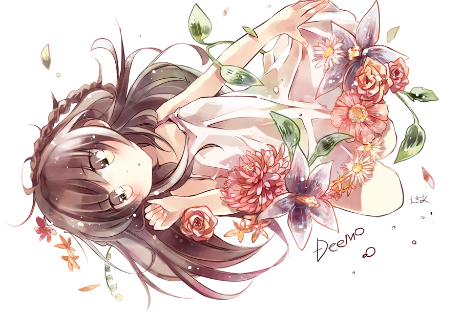 1girl, alice_(deemo), brown_eyes, brown_hair, deemo, female_focus, flower, long_hair