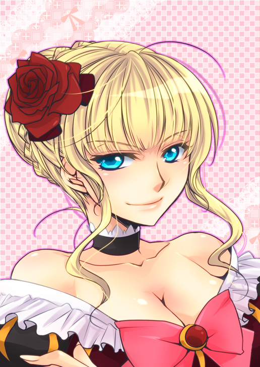 1girl, bare_shoulders, beatrice_(umineko), blonde_hair, blue_eyes, bow, breasts, choker