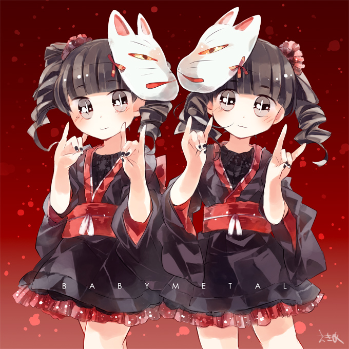 2girls, :3, babymetal, black_eyes, black_hair, copyright_name, double_m/, drill_hair