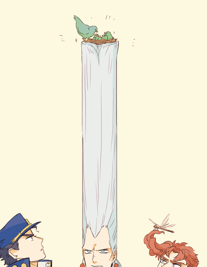 3boys, animal, animal_on_head, big_hair, bird, bird_on_head, bug, dragonfly