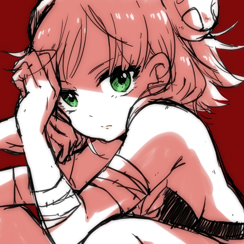 1girl, alternate_hairstyle, androgynous, bandages, bare_shoulders, breasts, expressionless, female_focus