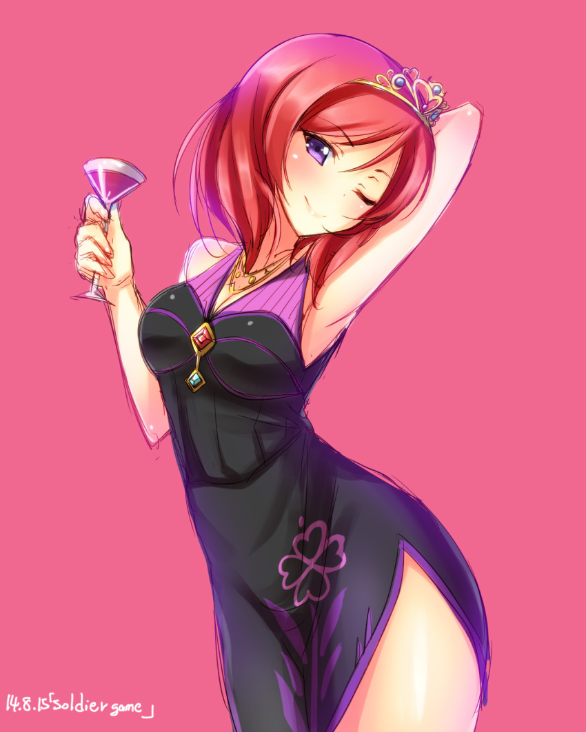 10s, 1girl, 2014, alcohol, armpits, bare_shoulders, breasts, china_dress