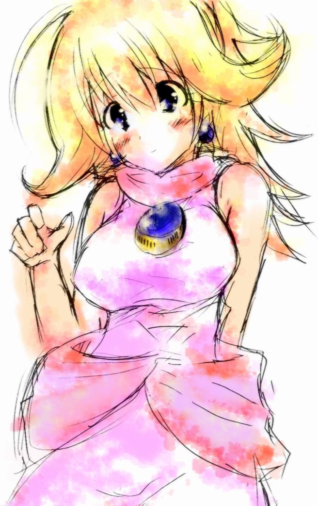 1girl, adapted_costume, ahoge, arm_behind_back, bare_shoulders, blonde_hair, blue_eyes, blush, breasts, brooch, cowboy_shot, dress, earrings, female_focus, gem, hair_flaps, head_tilt, jewelry, long_hair, mario_(series), natane_tsuyu, nintendo, pink_dress, princess_peach, simple_background, sleeveless, sleeveless_dress, smile, solo, sweater, sweater_dress, white_background