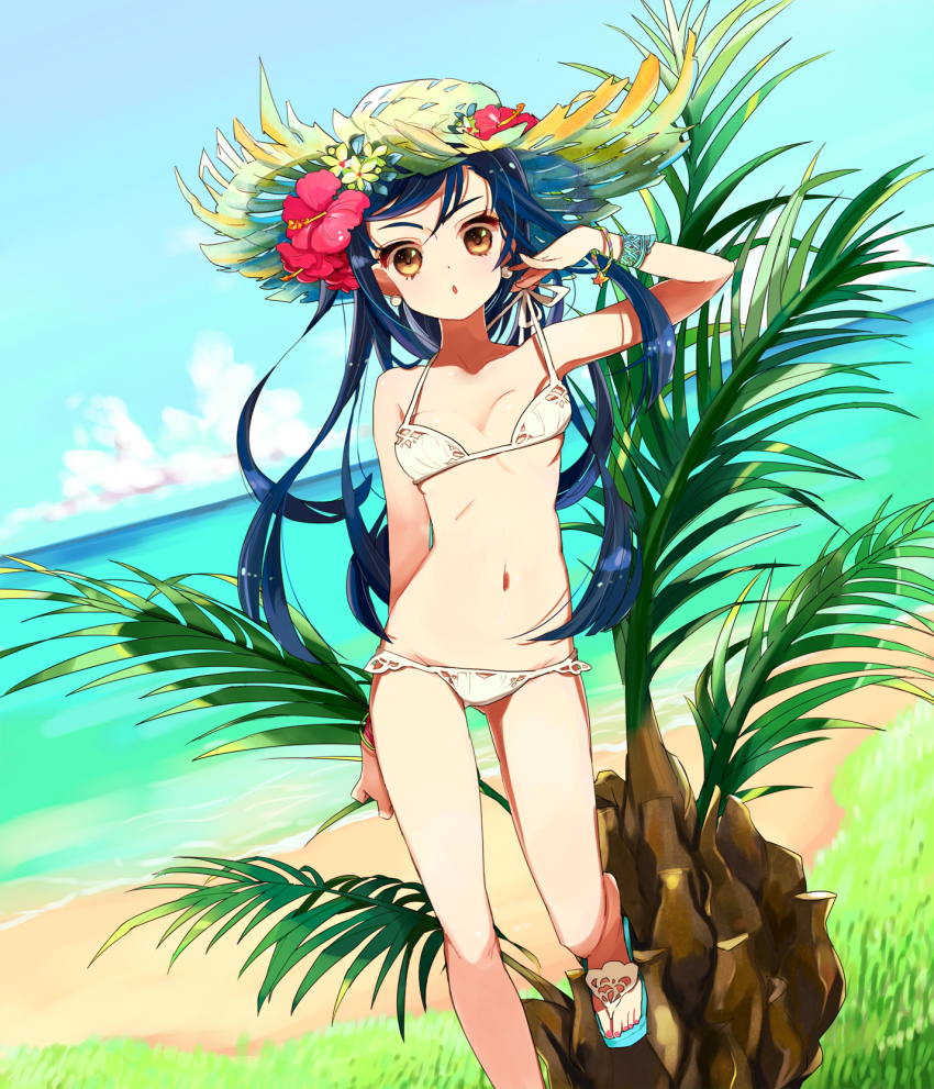 1girl, :o, beach, bikini, blue_hair, bracelet, breasts, brown_eyes, cloud, day, dutch_angle, etrian_odyssey, female_focus, flower, hair_flower, hair_ornament, hat, hibiscus, highres, jewelry, kiguchi_(aprico), navel, outdoors, sandals, sekaiju_no_meikyuu, sekaiju_no_meikyuu_3, shogun_(sekaiju), shogun_4_(sekaiju), sky, small_breasts, solo, strap_lift, straw_hat, swimsuit, water