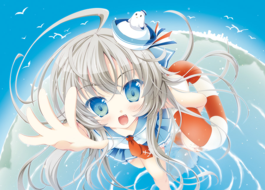 1girl, :d, ahoge, bad_id, bad_pixiv_id, blue_eyes, female_focus, from_above