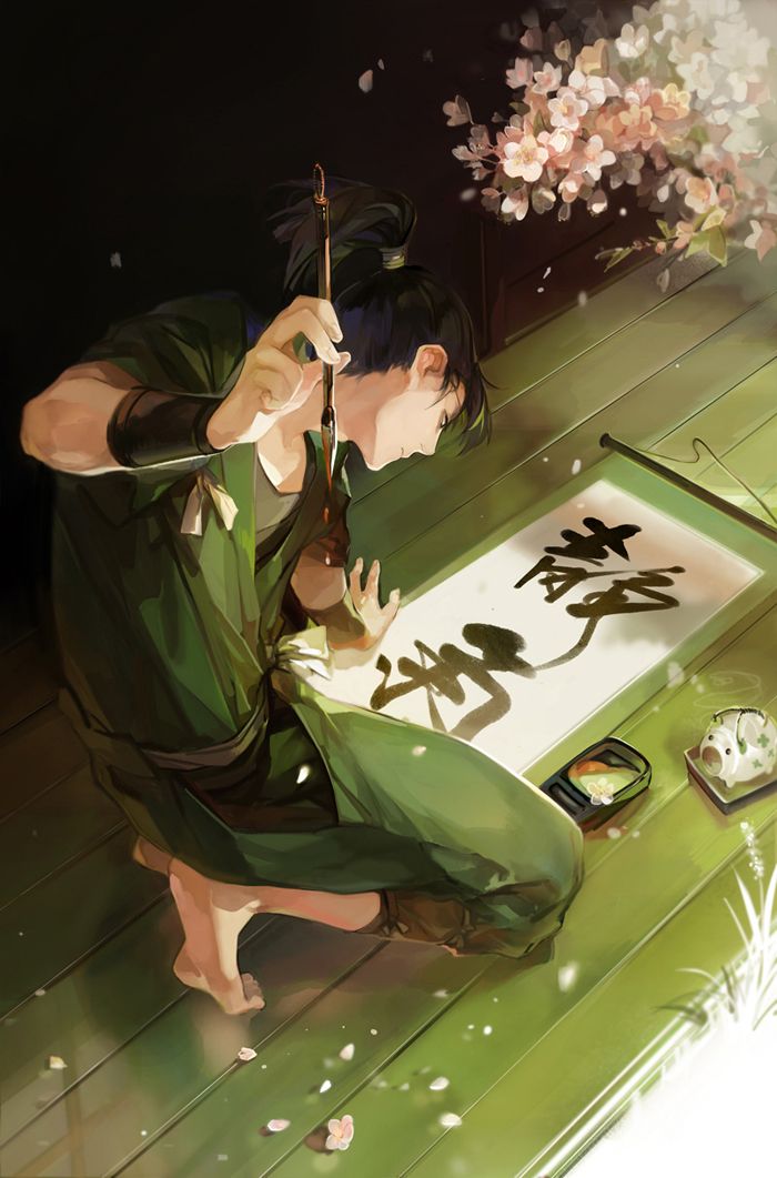 1boy, barefoot, black_hair, calligraphy, calligraphy_brush, clothing_cutout, flower, hip_vent