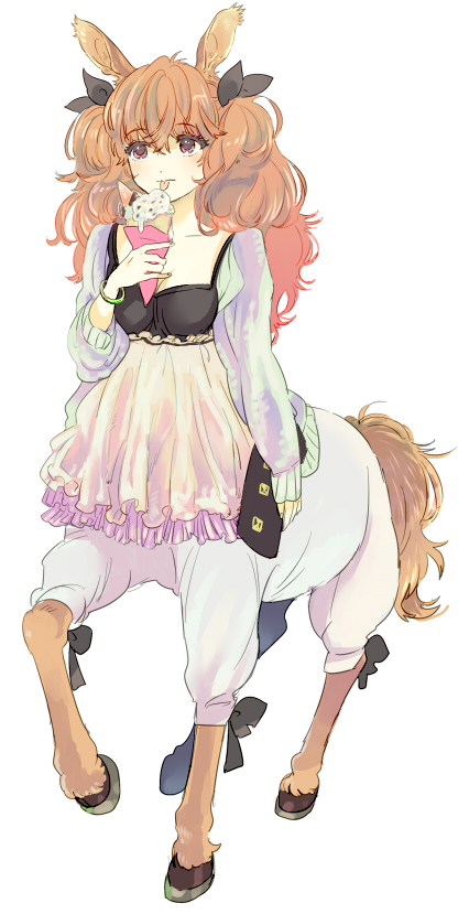 10s, 1girl, animal_ears, apron, arm_at_side, bangle, black_ribbon, bracelet, breasts, brown_eyes, brown_hair, casual, centaur, centaur_no_nayami, cleavage, collarbone, crepe, dress, eating, female_focus, food, full_body, hair_ribbon, holding, holding_crepe, holding_food, horse_ears, ice_cream, jewelry, kimihara_himeno, licking, long_hair, long_sleeves, monster_girl, orange_hair, pointy_ears, purple_eyes, ribbon, simple_background, small_breasts, solo, standing, tail, taur, tongue, tongue_out, trico_(mentalsketch1985), two_side_up, waist_apron, white_background