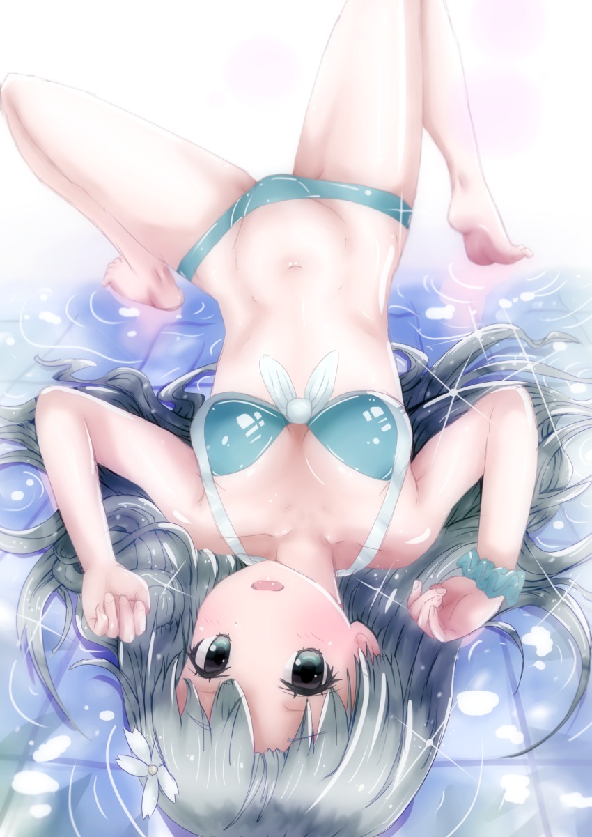 1girl, bad_id, bad_pixiv_id, barefoot, bikini, black_hair, feet, flower