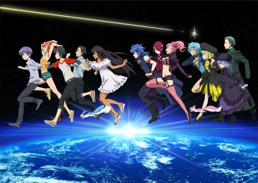 10s, 6+boys, 6+girls, ai_(captain_earth), amara_(captain_earth), arashi_teppei, baku_(captain_earth), black_hair, blonde_hair, blue_eyes, captain_earth, earth_(planet), green_hair, lappa, light_purple_hair, lin_(captain_earth), long_hair, manatsu_daichi, moco_(captain_earth), multiple_boys, multiple_girls, mutou_hana, nishikubo_tsutomu, official_art, orange_hair, pitz, purple_hair, red_hair, rin_(captain_earth), running, setsuna_(captain_earth), shooting_star, short_hair, space, squirrel, twintails, very_long_hair, yomatsuri_akari, zin_(captain_earth)