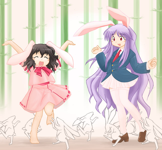 2girls, animal_ears, barefoot, black_hair, e_saiba, female_focus, inaba_tewi, long_hair