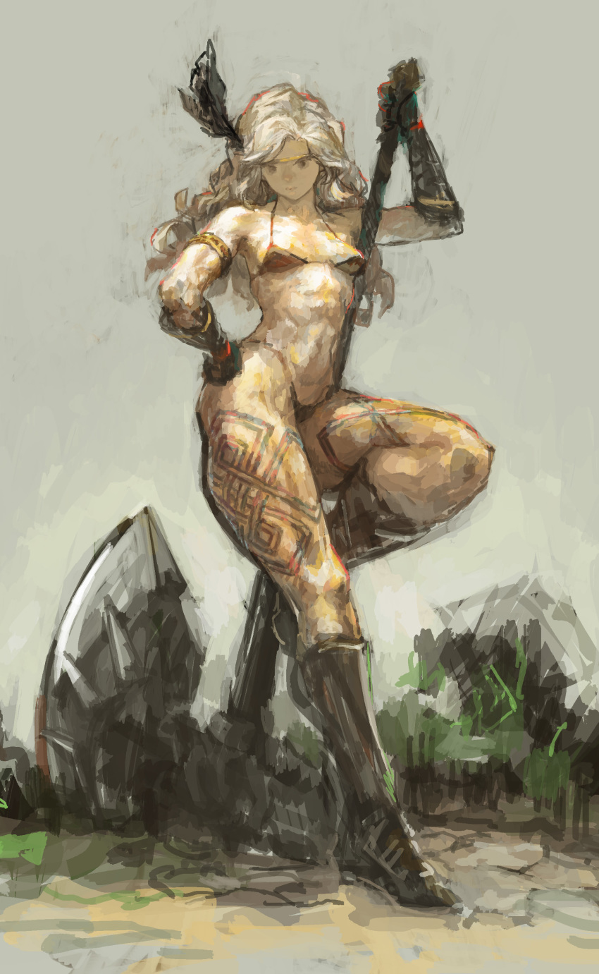 1girl, abs, absurdres, amazon_(dragon's_crown), armlet, armor, bikini_armor, blonde_hair, boots, circlet, dragon's_crown, feathers, female_focus, gloves, hakusaku, halberd, highres, jewelry, long_hair, muscular, muscular_female, polearm, solo, tattoo, thick_thighs, thighs, weapon