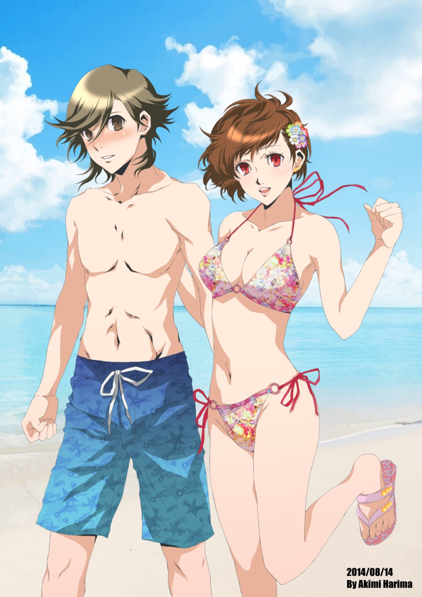 1boy, 1girl, aged_up, amada_ken, arm_up, beach, bikini, blue_male_swimwear, blue_swim_trunks, blush, breasts, brown_eyes, brown_hair, cleavage, cloud, day, flip-flops, floral_print, flower, flower_on_head, hair_flower, hair_ornament, highres, large_breasts, littlewing-fordreamer, looking_at_another, looking_at_viewer, male_swimwear, midriff, navel, o-ring, o-ring_bottom, o-ring_top, ocean, open_mouth, outdoors, persona, persona_3, persona_3_portable, persona_4, persona_4:_the_ultimate_in_mayonaka_arena, persona_4:_the_ultimax_ultra_suplex_hold, print_bikini, print_male_swimwear, print_swim_trunks, print_swimsuit, red_eyes, sandals, shiomi_kotone, short_hair, side-tie_bikini_bottom, sky, smile, star_(symbol), star_print, swim_trunks, swimsuit