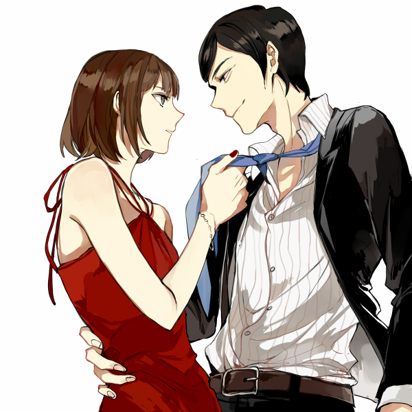 1boy, 1girl, belt, black_hair, bracelet, brown_eyes, brown_hair, clothes_grab, dress, formal_clothes, hand_on_own_hip, jewelry, kkkkt, komikado_kensuke, legal_high, looking_at_another, loose_clothes, loose_necktie, mayuzumi_machiko, nail_polish, necktie, necktie_grab, neckwear_grab, profile, short_hair, simple_background, sleeveless, sleeveless_dress, suit, upper_body, white_background