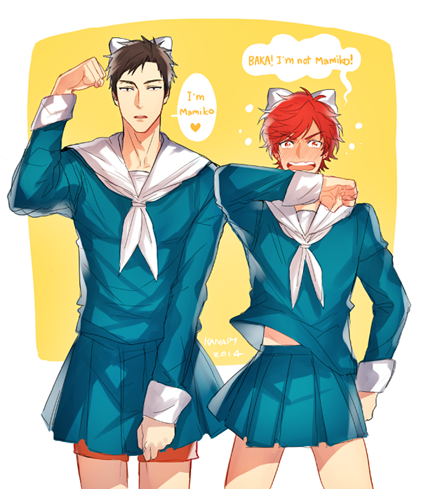 2boys, bad_id, bad_pixiv_id, black_eyes, black_hair, blush, bow, cosplay