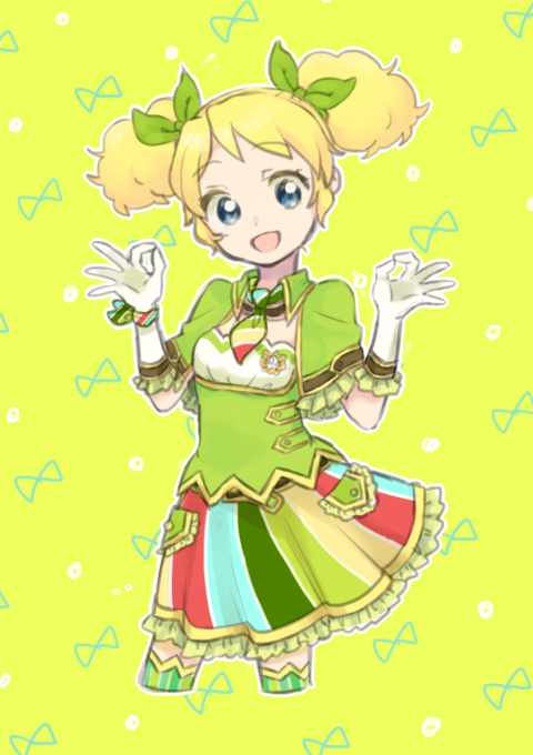 10s, 1girl, aikatsu!, aikatsu!_(series), bad_id, bad_pixiv_id, blonde_hair, blue_eyes, bow, cleavage_cutout, clothing_cutout, elbow_gloves, female_focus, gloves, hair_bow, kairi0219, necktie, saegusa_kii, short_twintails, skirt, smile, solo, striped_clothes, striped_skirt, thighhighs, twintails, zettai_ryouiki